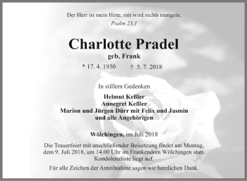 Traueranzeige von Charlotte Pradel von Fränkische Nachrichten