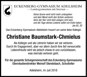 Traueranzeige von Christiane Baumstark-Chmielus von Fränkische Nachrichten