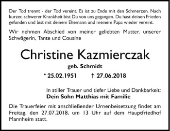 Traueranzeige von Christine Kazmierczak von Mannheimer Morgen