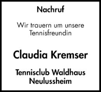 Traueranzeige von Claudia Kremser von Schwetzinger Zeitung