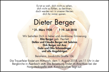 Traueranzeige von Dieter Berger von Bergsträßer Anzeiger