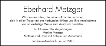 Traueranzeige von Eberhard Metzger von Bergsträßer Anzeiger