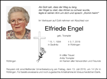 Traueranzeige von Elfriede Engel von Fränkische Nachrichten