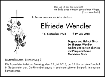 Traueranzeige von Elfriede Wendler von Bergsträßer Anzeiger