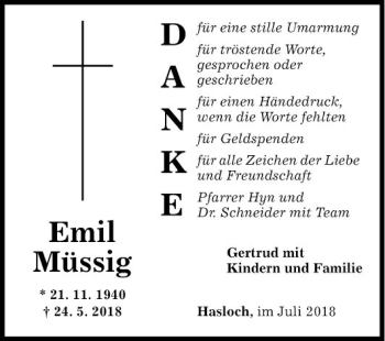 Traueranzeige von Emil Müssig von Fränkische Nachrichten