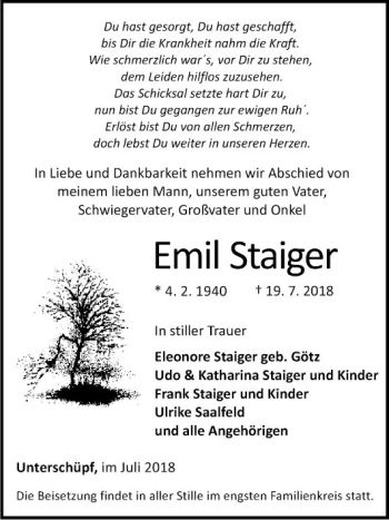 Traueranzeige von Emil Staiger von Fränkische Nachrichten