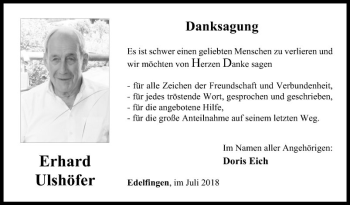 Traueranzeige von Erhard Ulshöfer von Fränkische Nachrichten