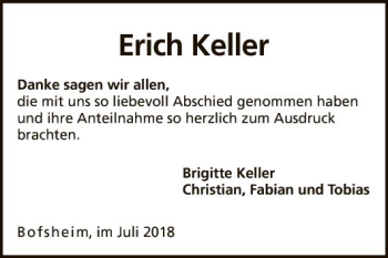 Traueranzeige von Erich Keller von Fränkische Nachrichten