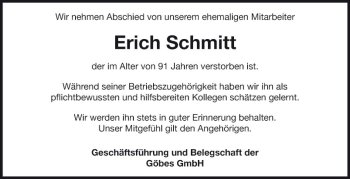 Traueranzeige von Erich Schmitt von Fränkische Nachrichten