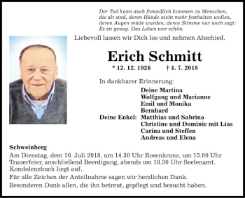 Traueranzeige von Erich Schmitt von Fränkische Nachrichten