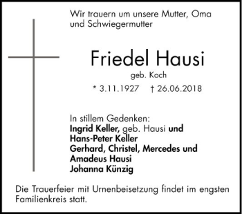 Traueranzeige von Friedel Hausi von Mannheimer Morgen