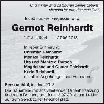 Traueranzeige von Gernot Reinhardt von Fränkische Nachrichten