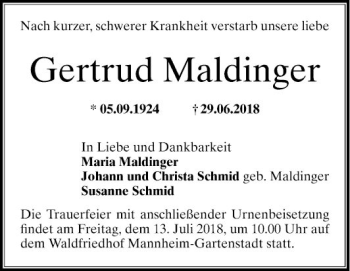 Traueranzeige von Gertrud Maldinger von Mannheimer Morgen