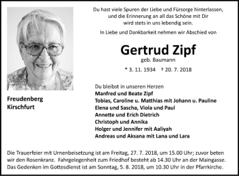 Traueranzeige von Gertrud Zipf von Fränkische Nachrichten