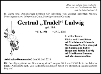 Traueranzeige von Gertrud Trudel Ludwig von Fränkische Nachrichten