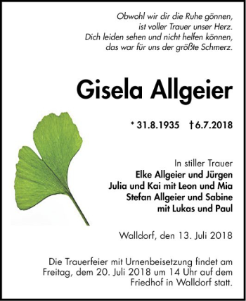 Traueranzeige von Gisela Allgeier von Schwetzinger Zeitung