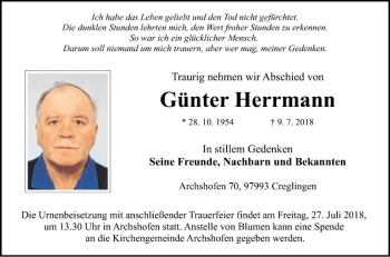 Traueranzeige von Günter Herrmann von Fränkische Nachrichten