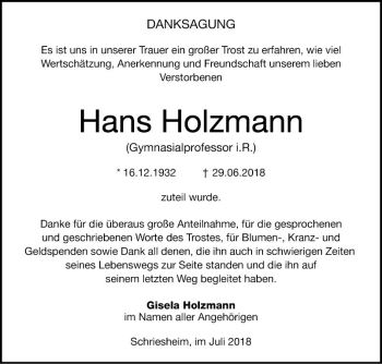 Traueranzeige von Hans Holzmann von Mannheimer Morgen