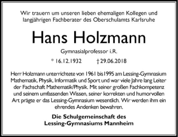 Traueranzeige von Hans Holzmann von Mannheimer Morgen