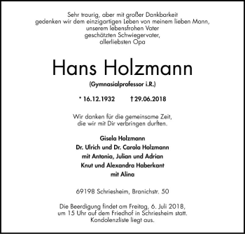 Traueranzeige von Hans Holzmann von Mannheimer Morgen