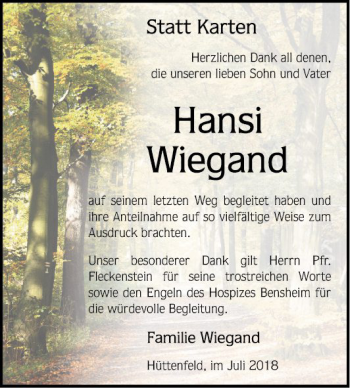 Traueranzeige von Hansi Wiegand von Südhessen Morgen