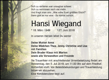 Traueranzeige von Hansi Wiegand von Mannheimer Morgen