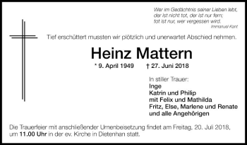 Traueranzeige von Heinz Mattern von Fränkische Nachrichten