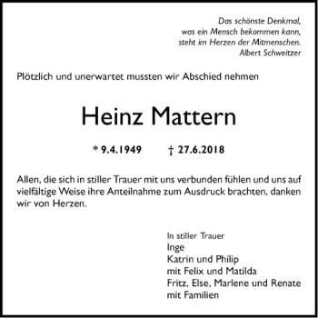 Traueranzeige von Heinz Mattern von Mannheimer Morgen