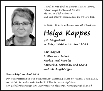 Traueranzeige von Helga Kappes von Fränkische Nachrichten