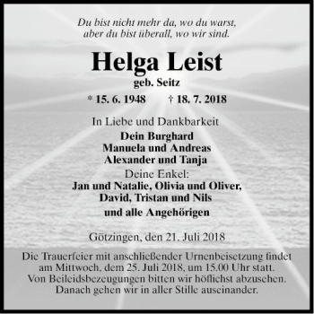 Traueranzeige von Helga Leist von Fränkische Nachrichten