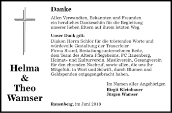 Traueranzeige von Helma Wamser von Fränkische Nachrichten