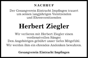 Traueranzeige von Herbert Ziegler von Fränkische Nachrichten