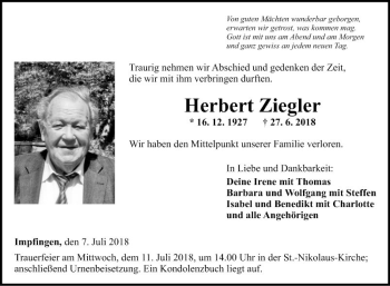 Traueranzeige von Herbert Ziegler von Fränkische Nachrichten