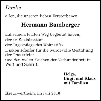 Traueranzeige von Hermann Bamberger von Fränkische Nachrichten