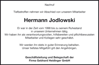 Traueranzeige von Hermann Jodlowski von Fränkische Nachrichten