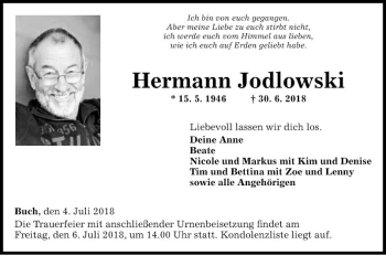 Traueranzeige von Hermann Jodlowski von Fränkische Nachrichten