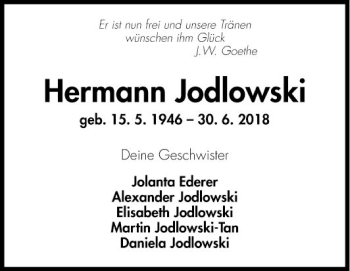 Traueranzeige von Hermann Jodlowski von Fränkische Nachrichten