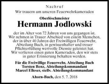 Traueranzeige von Hermann Jodlowski von Fränkische Nachrichten