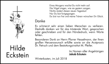 Traueranzeige von Hilde Eckstein von Bergsträßer Anzeiger