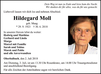 Traueranzeige von Hildegard Moll von Fränkische Nachrichten