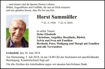 Traueranzeige von Horst Sammüller von Fränkische Nachrichten