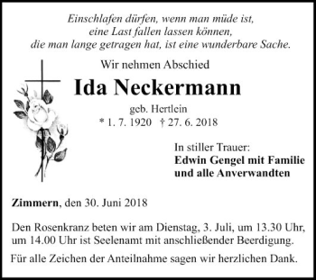 Traueranzeige von Ida Neckermann von Fränkische Nachrichten