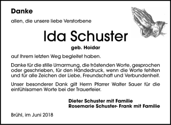 Traueranzeige von Ida Schuster von Schwetzinger Zeitung