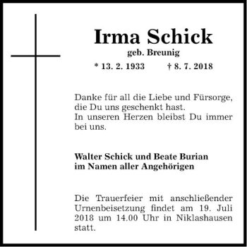 Traueranzeige von Irma Schick von Fränkische Nachrichten