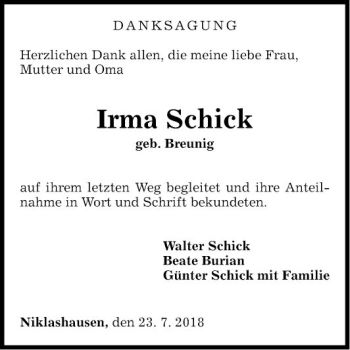 Traueranzeige von Irma Schick von Fränkische Nachrichten