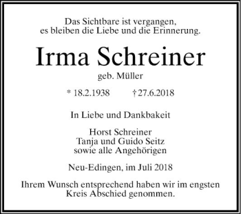 Traueranzeige von Irma Schreiner von Mannheimer Morgen