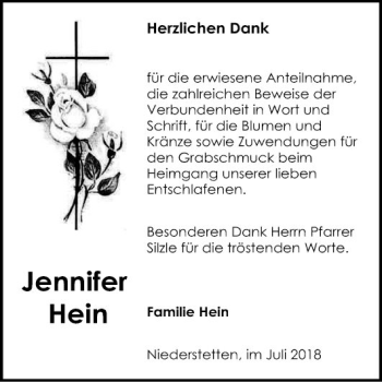 Traueranzeige von Jennifer Hein von Fränkische Nachrichten