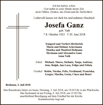 Traueranzeige von Josefa Ganz von Fränkische Nachrichten