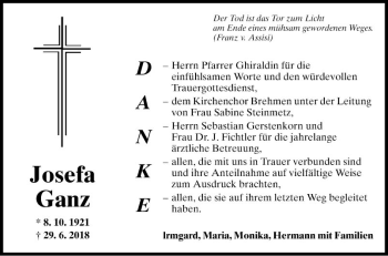 Traueranzeige von Josefa Ganz von Fränkische Nachrichten