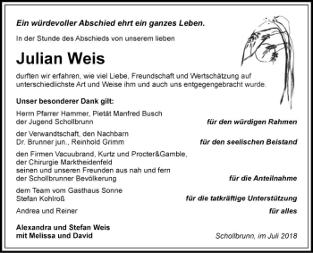 Traueranzeige von Julian Weis von Fränkische Nachrichten